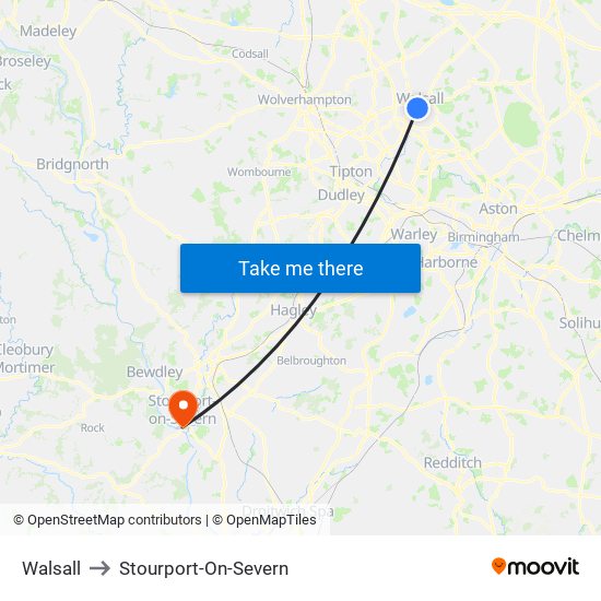 Walsall to Stourport-On-Severn map