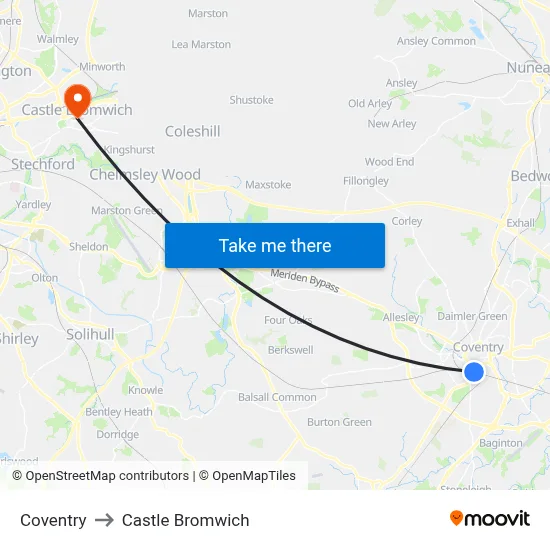 Coventry to Castle Bromwich map