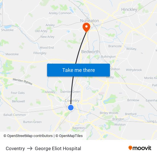 Coventry to George Eliot Hospital map
