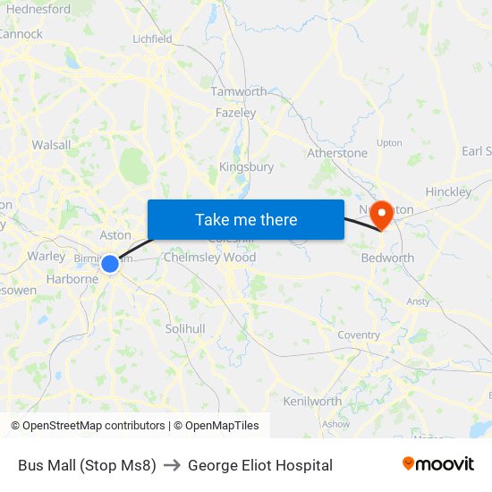 Bus Mall (Stop Ms8) to George Eliot Hospital map