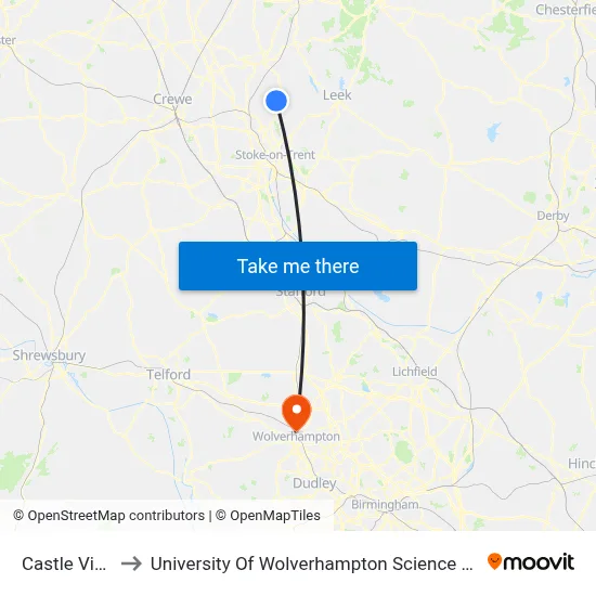 Castle View to University Of Wolverhampton Science Park map