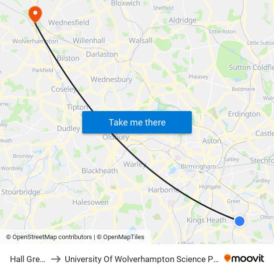 Hall Green to University Of Wolverhampton Science Park map