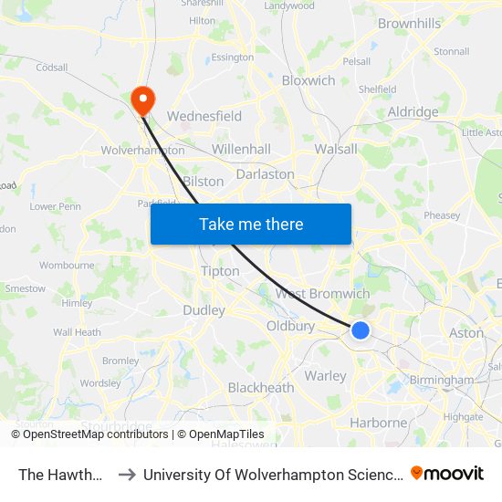 The Hawthorns to University Of Wolverhampton Science Park map