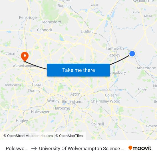 Polesworth to University Of Wolverhampton Science Park map