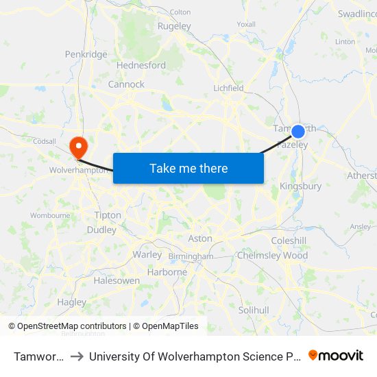 Tamworth to University Of Wolverhampton Science Park map