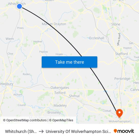 Whitchurch (Shrops) to University Of Wolverhampton Science Park map