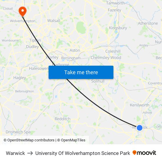 Warwick to University Of Wolverhampton Science Park map