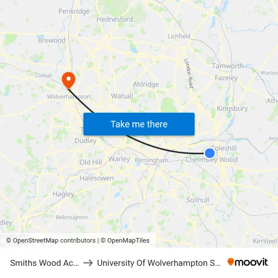 Smiths Wood Academy to University Of Wolverhampton Science Park map