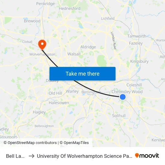 Bell Lane to University Of Wolverhampton Science Park map
