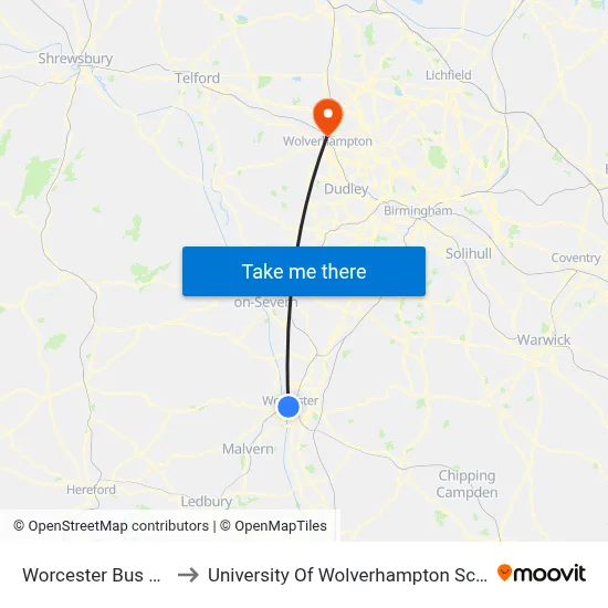 Worcester Bus Station to University Of Wolverhampton Science Park map
