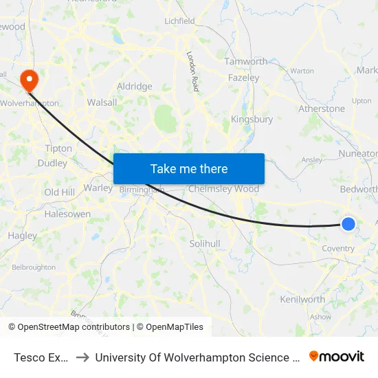 Tesco Extra to University Of Wolverhampton Science Park map