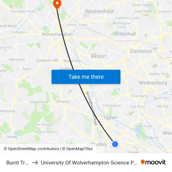Burnt Tree to University Of Wolverhampton Science Park map
