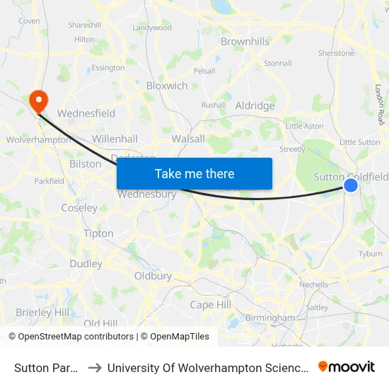 Sutton Parade to University Of Wolverhampton Science Park map