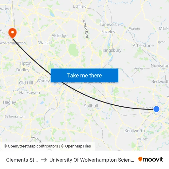 Clements Street to University Of Wolverhampton Science Park map