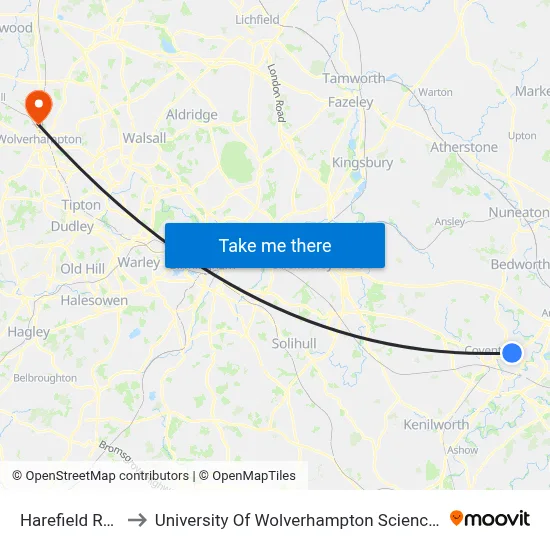 Harefield Road to University Of Wolverhampton Science Park map