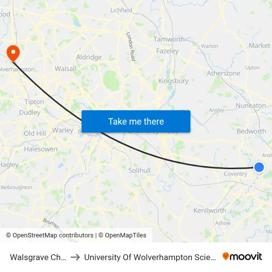 Walsgrave Church to University Of Wolverhampton Science Park map