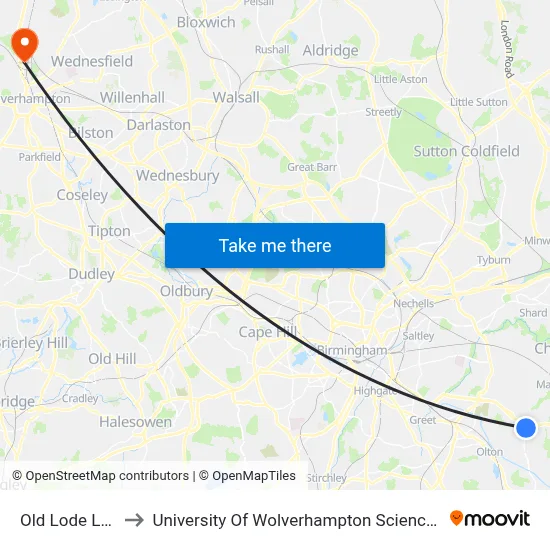 Old Lode Lane to University Of Wolverhampton Science Park map