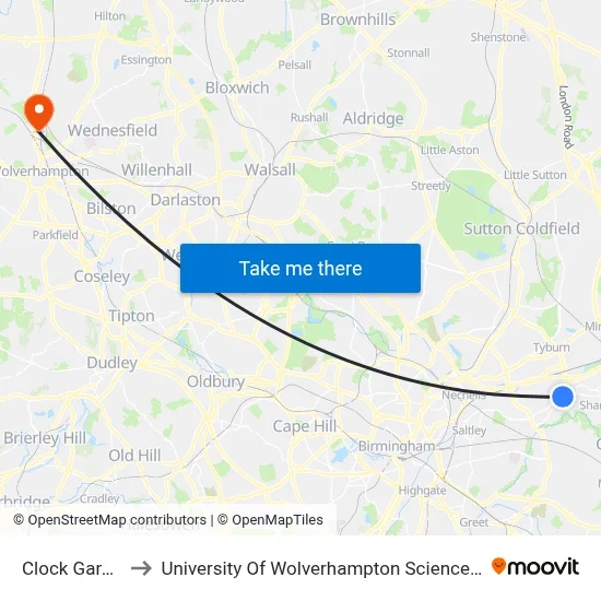 Clock Garage to University Of Wolverhampton Science Park map