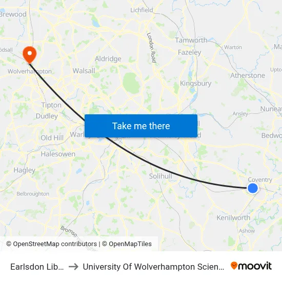Earlsdon Library to University Of Wolverhampton Science Park map