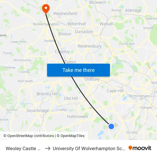 Weoley Castle Library to University Of Wolverhampton Science Park map