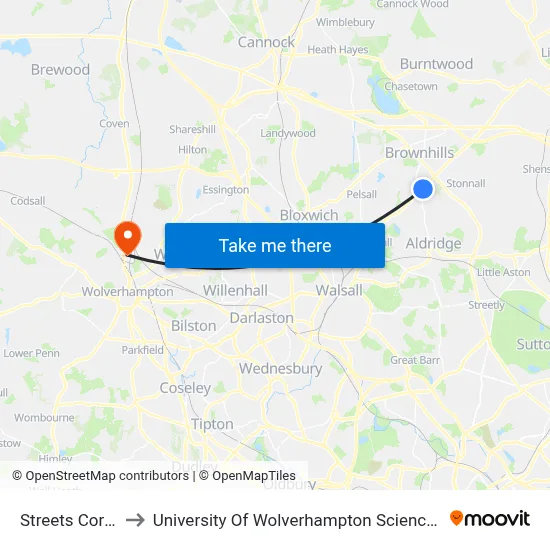 Streets Corner to University Of Wolverhampton Science Park map