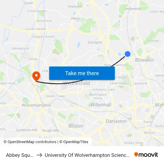 Abbey Square to University Of Wolverhampton Science Park map