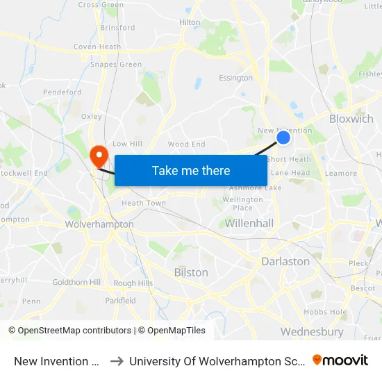 New Invention Square to University Of Wolverhampton Science Park map