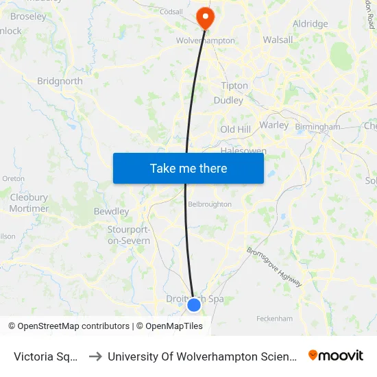 Victoria Square to University Of Wolverhampton Science Park map