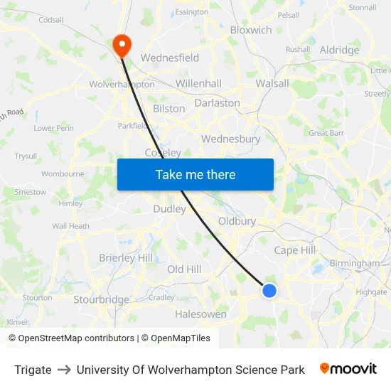 Trigate to University Of Wolverhampton Science Park map