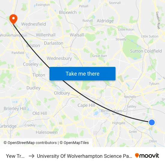Yew Tree to University Of Wolverhampton Science Park map