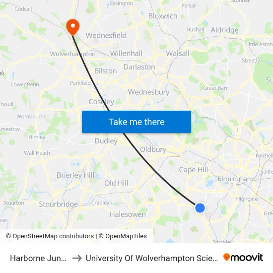 Harborne Junction to University Of Wolverhampton Science Park map