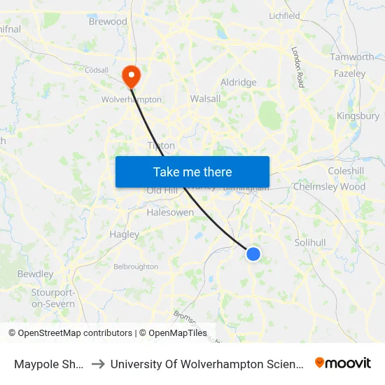 Maypole Shops to University Of Wolverhampton Science Park map