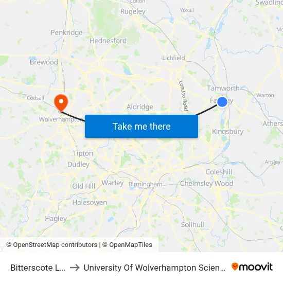 Bitterscote Lane to University Of Wolverhampton Science Park map