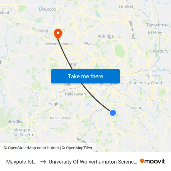 Maypole Island to University Of Wolverhampton Science Park map