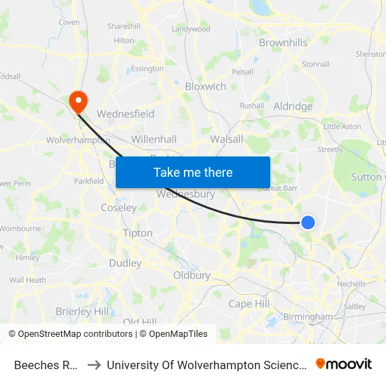 Beeches Road to University Of Wolverhampton Science Park map