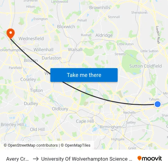 Avery Croft to University Of Wolverhampton Science Park map