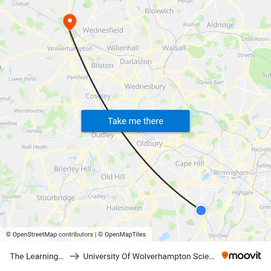The Learning Hub to University Of Wolverhampton Science Park map