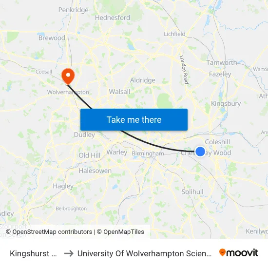 Kingshurst Way to University Of Wolverhampton Science Park map