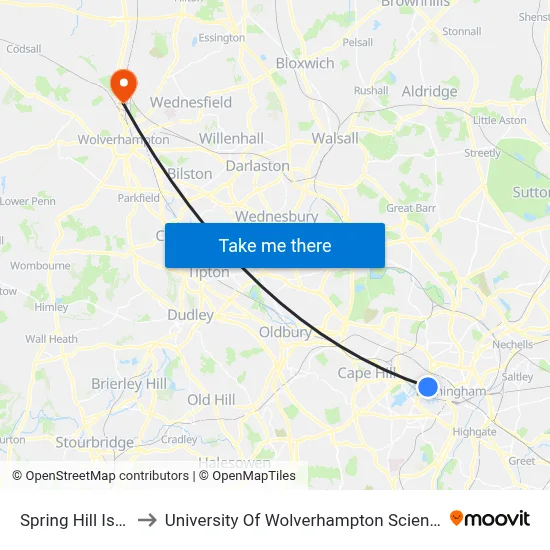 Spring Hill Island to University Of Wolverhampton Science Park map