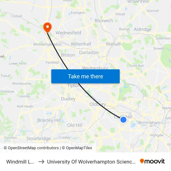 Windmill Lane to University Of Wolverhampton Science Park map