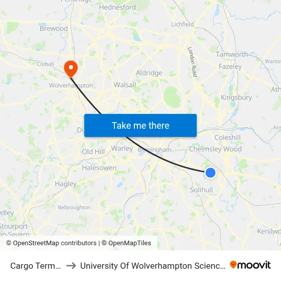 Cargo Terminal to University Of Wolverhampton Science Park map
