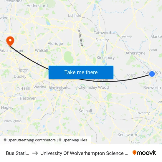 Bus Station to University Of Wolverhampton Science Park map