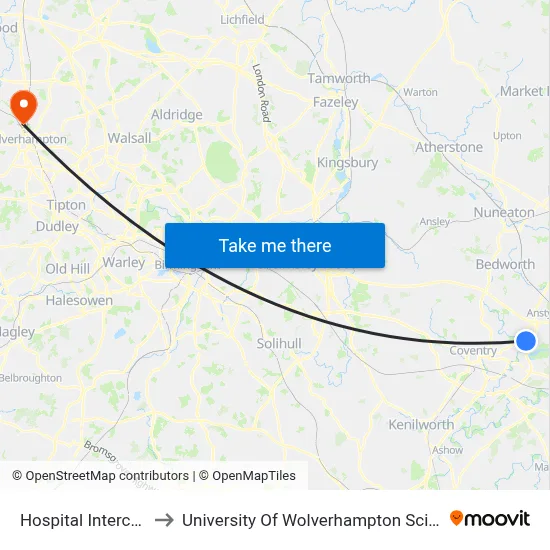 Hospital Interchange to University Of Wolverhampton Science Park map