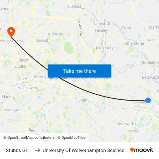 Stubbs Grove to University Of Wolverhampton Science Park map