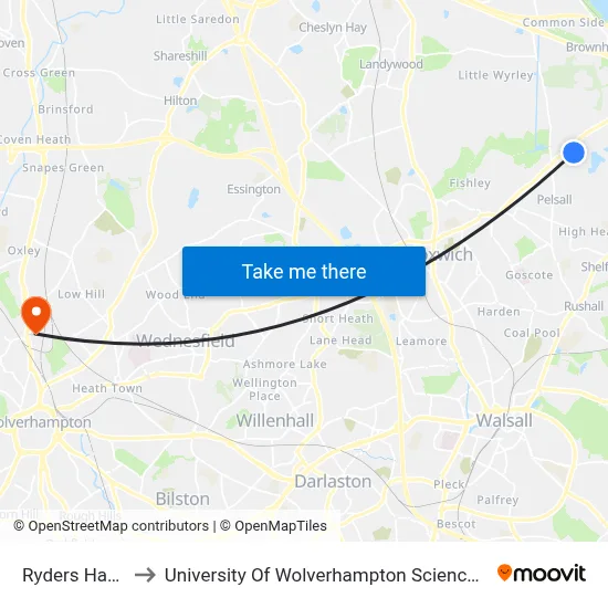 Ryders Hayes to University Of Wolverhampton Science Park map