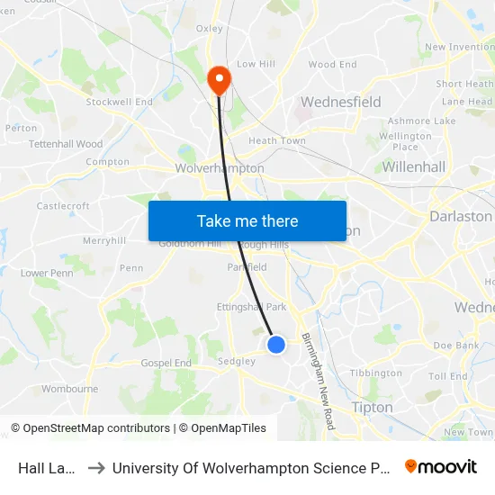 Hall Lane to University Of Wolverhampton Science Park map