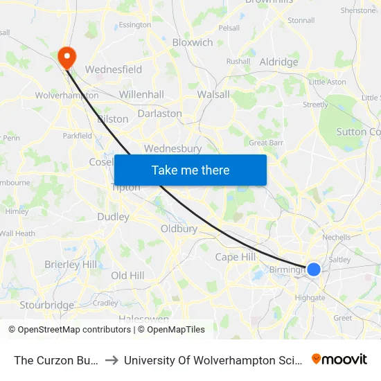 The Curzon Building to University Of Wolverhampton Science Park map
