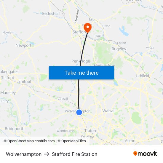 Wolverhampton to Stafford Fire Station map