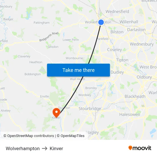 Wolverhampton to Kinver map