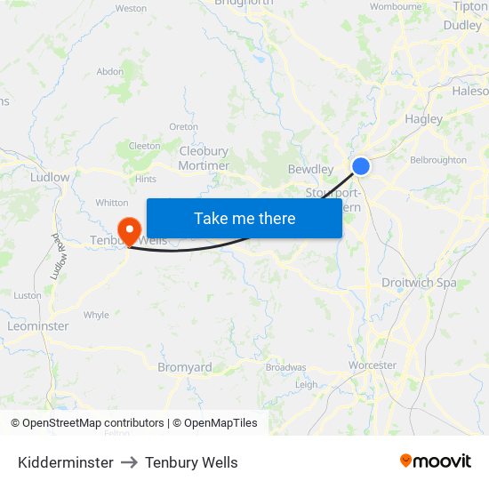 Kidderminster to Tenbury Wells map
